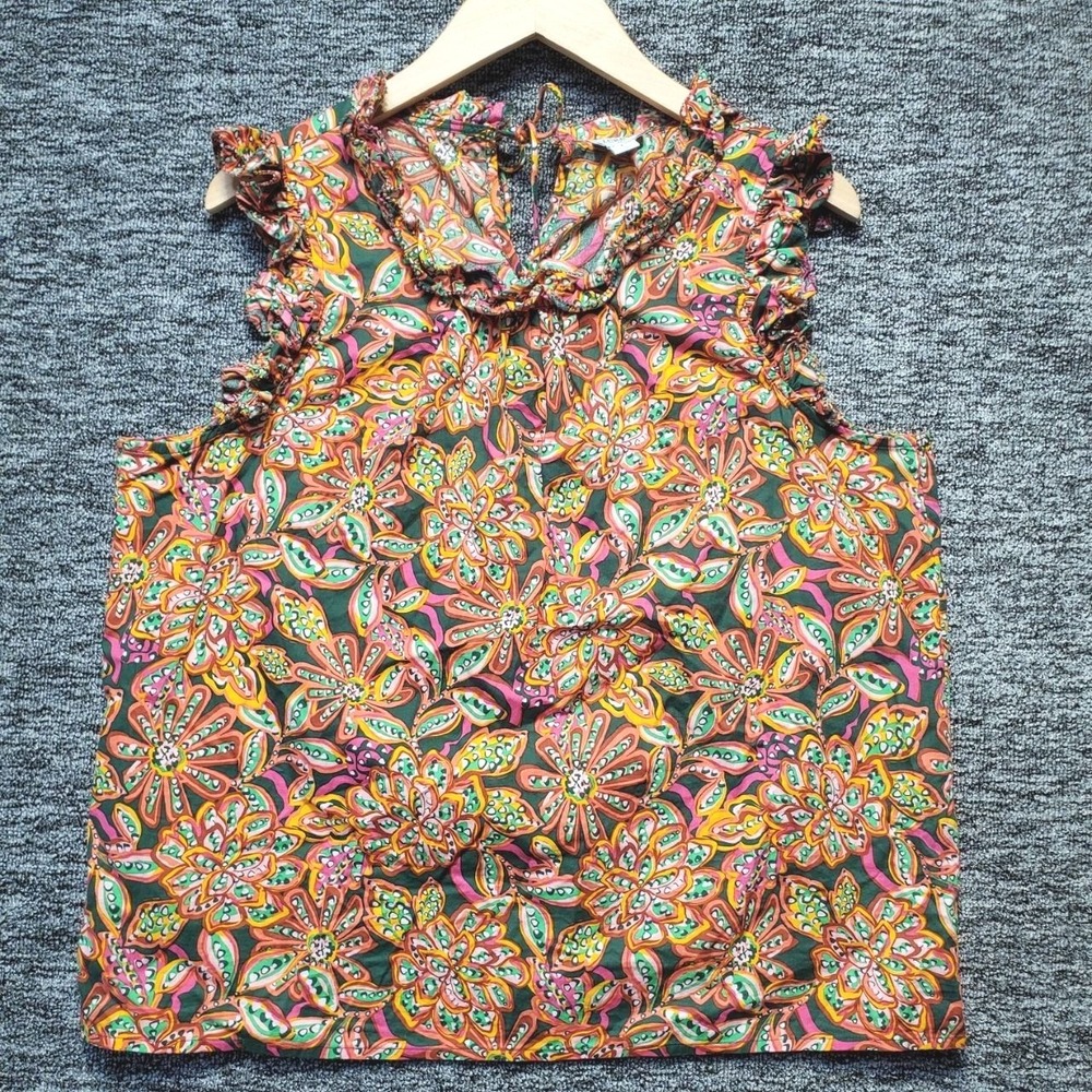 J Crew Sleeveless Blouse Womens Large Green Floral Ruffle Neck Summer Top